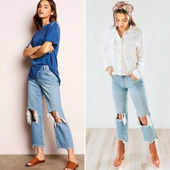 Free People Maggie Straight Leg Mid Rise Distressed Denim Jeans Size 26 Waist - Picture 11 of 15